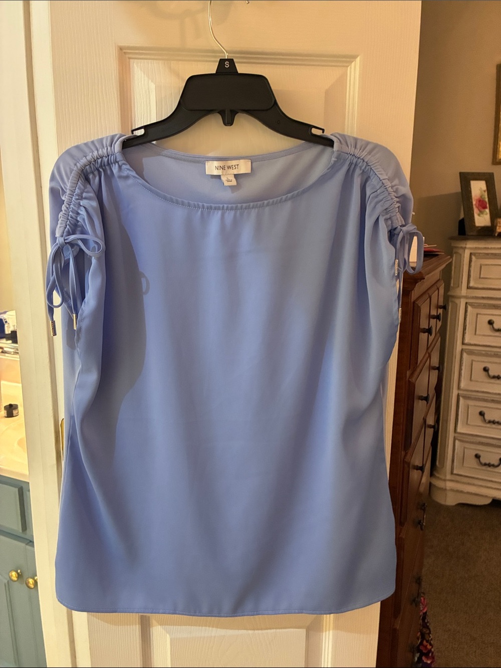 Nine West Powder Blue Ruched Sleeve Satin Blouse SZ L